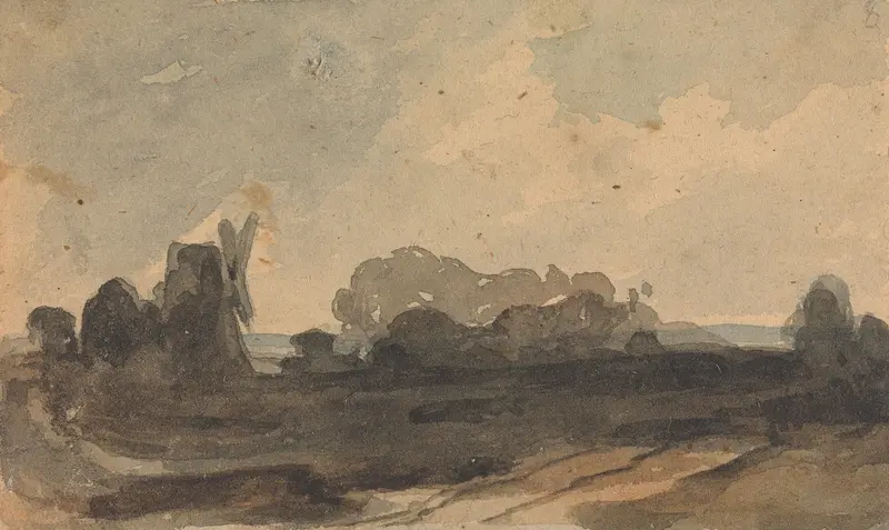 Landscape with Trees and Windmill by Thomas Sully, oil painting depicting a river and windmill.