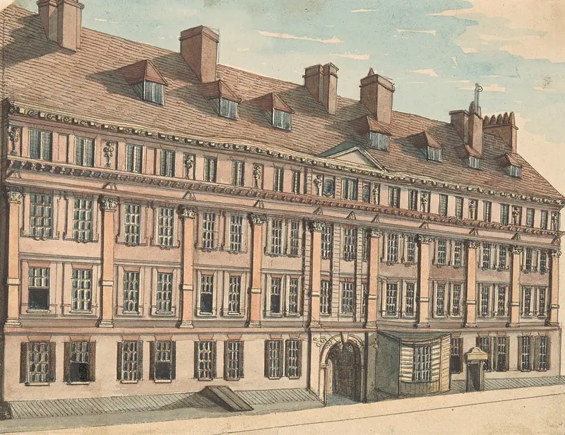 Furnival’s Inn by Samuel Ireland, oil on canvas, depicts a twilight scene with shadows on the facade.