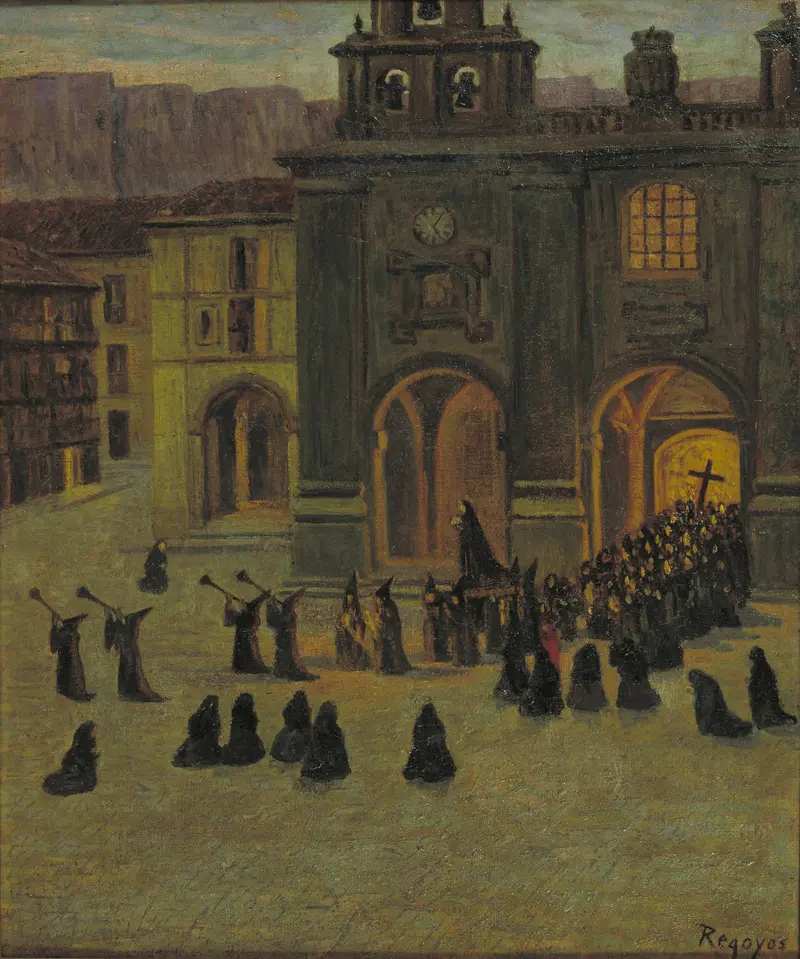 Oil painting by Darío de Regoyos depicting a solitary figure in Orduña at dawn.