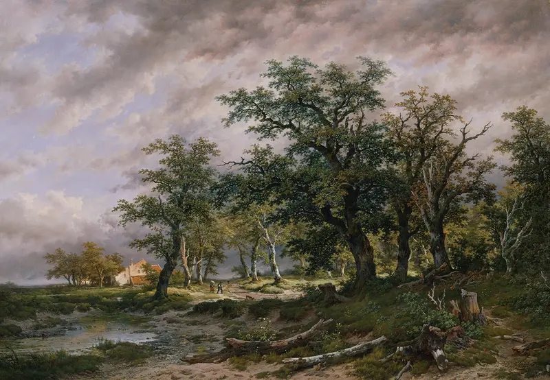 Landscape by Remigius Adrianus van Haanen, depicting fields and a vibrant sky, unknown medium.