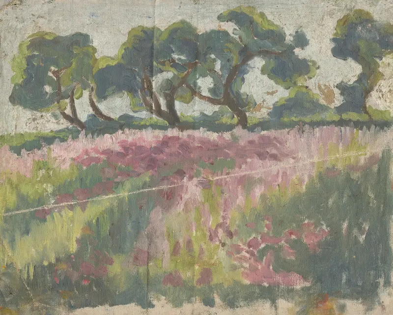 Blooming Meadow with Trees by Frida Konstantin, oil painting depicting a vibrant meadow and trees.