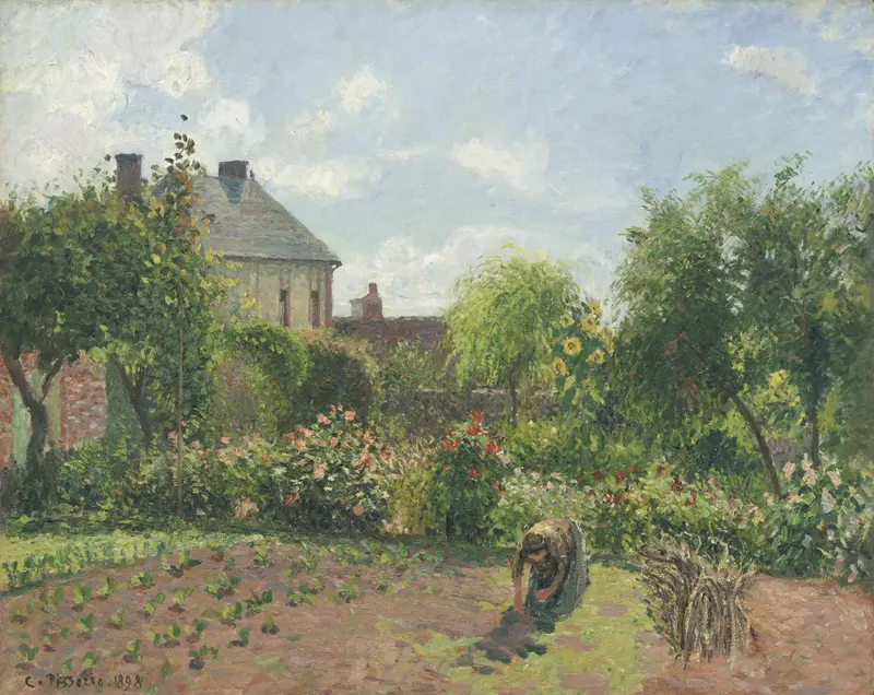 The Artist’s Garden at Eragny, oil on canvas by Camille Pissarro, featuring a woman tending to flowers.