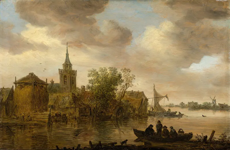River View with Church and Farmhouse by Jan van Goyen, oil painting depicting a tranquil landscape.