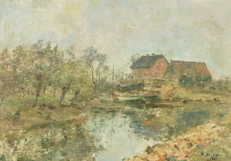 Landscape with a pond reflecting the sky by Rudolf Höckner, unknown medium