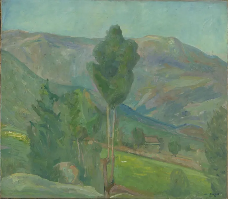 View from Seljord by Oluf Wold-Torne, oil on canvas depicting a tranquil valley and mountains.