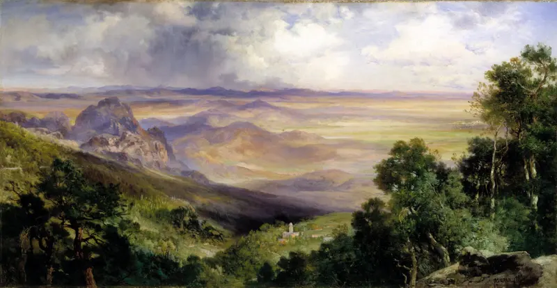 Valley of Cuernavaca by Thomas Moran, oil on canvas depicting lush mountains and vibrant vegetation