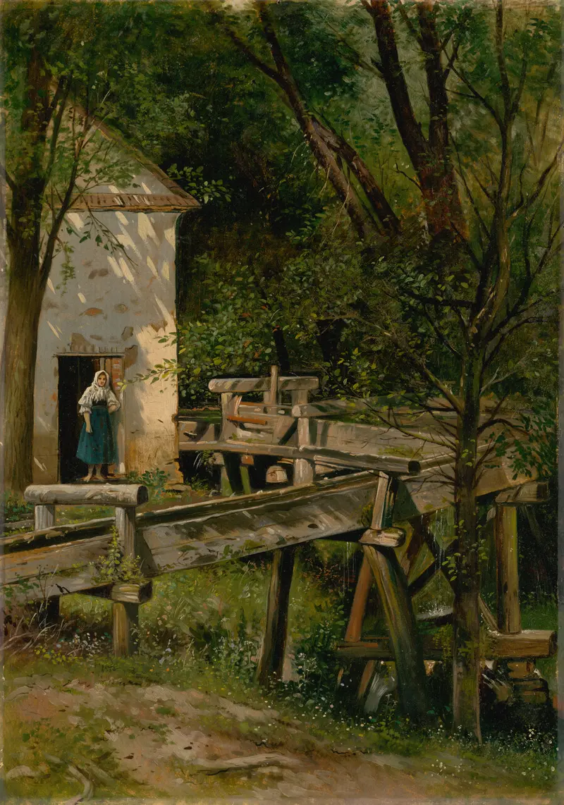 Realism landscape by Eduard Majsch depicting a mill by a river