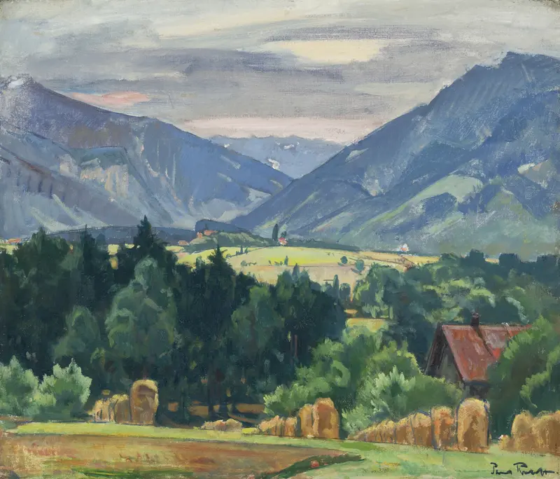 Blick ins Aschauer Tal, oil on canvas by Paul Roloff, depicting serene hills and sky.