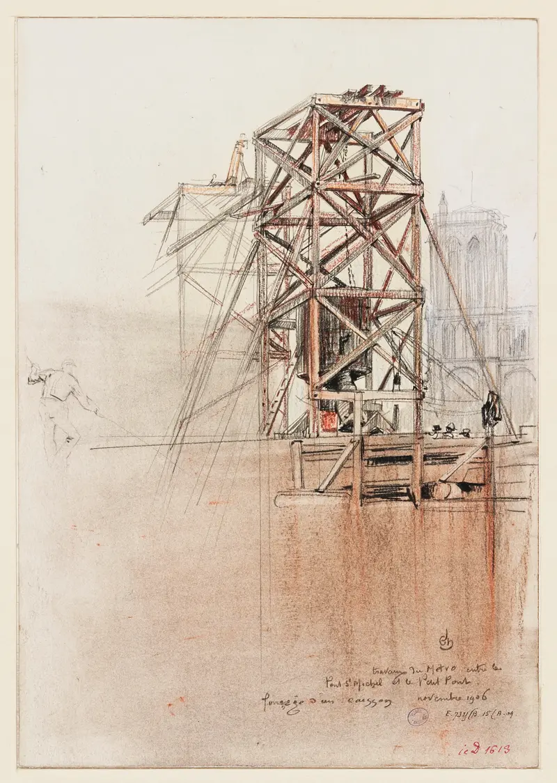 Historical scene of workers operating a caisson, watercolor on paper by Charles Jouas