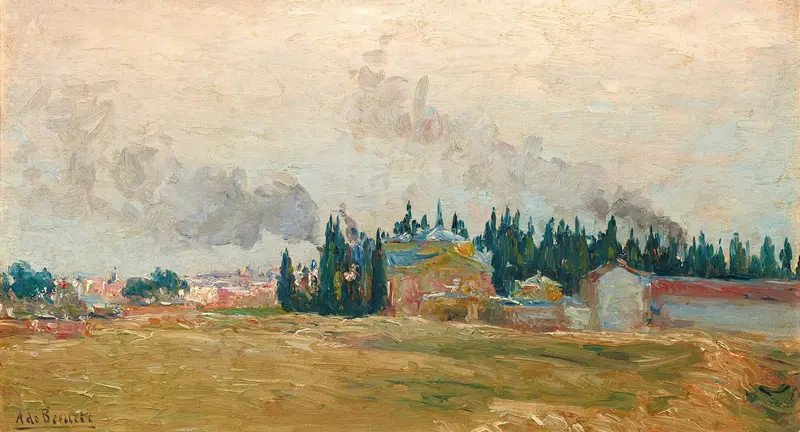 Landscape oil painting by Aureliano de Beruete depicting hills and greenery near Madrid