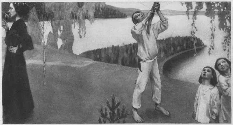 A boy ties a budding branch to a birch, watched by two children and a woman in dark dress, surrounded by a tranquil northern landscape.