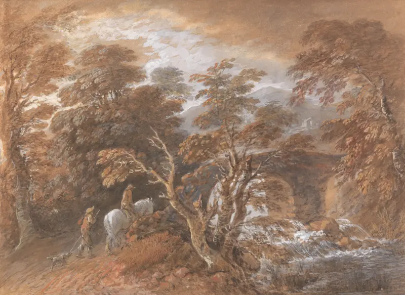 Hilly landscape with figures approaching a bridge, oil painting by Thomas Gainsborough