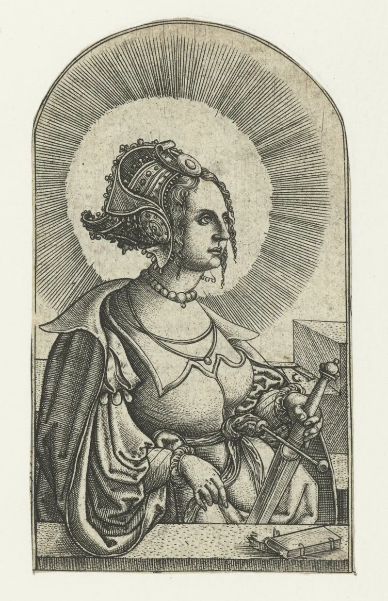 Heilige Catharina engraving by Monogrammist AC, depicting a saint in rich garments with gold leaf.