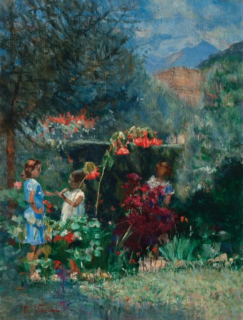 A charming scene of three girls in a garden.