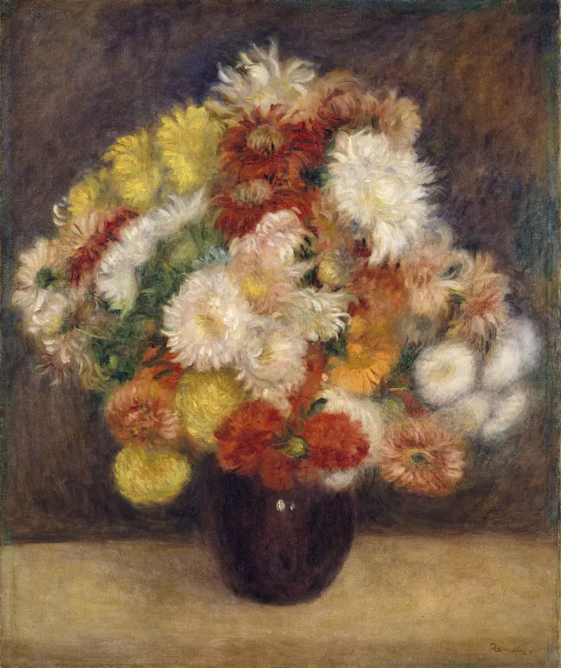 Chrysanthemums oil painting by Pierre-Auguste Renoir featuring vibrant flowers