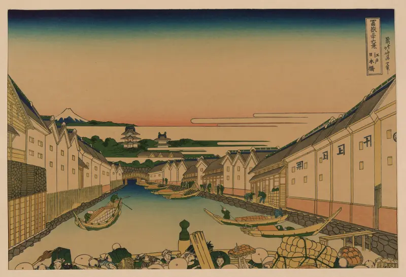 Edo nihonbashi by Katsushika Hokusai, Ukiyo-e, depicting a bridge over water