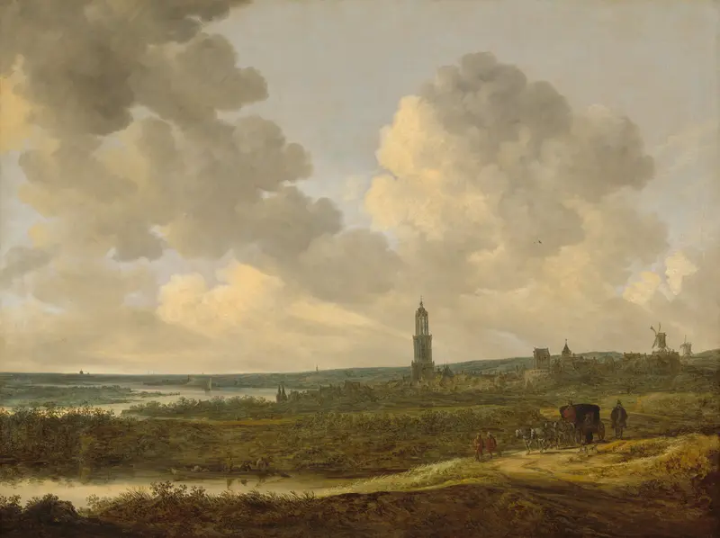Landscape oil painting by Jan van Goyen featuring a river and clouds.