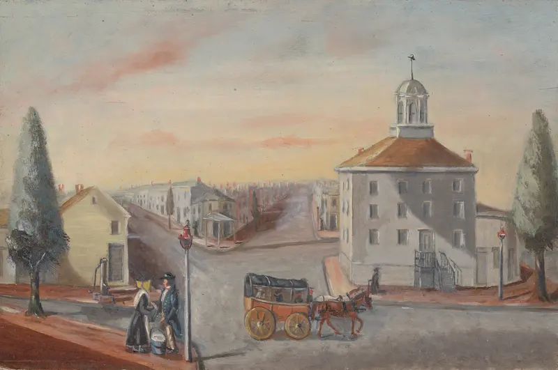 Hot Corn Seller by William P. Chappel, oil on canvas, featuring a corn seller in a bustling market
