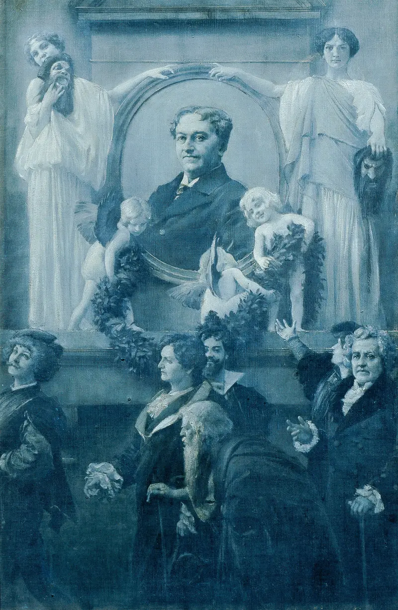 A dignified portrait of a man surrounded by figures in costume, captured in a moment of theatrical tribute.