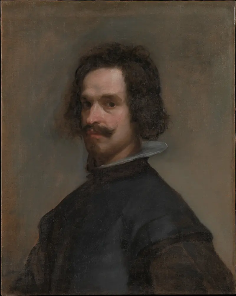 A man with dark curling hair and a prominent moustache turns his head toward the viewer, wearing a high white collar and dark garment against a warm brown background.