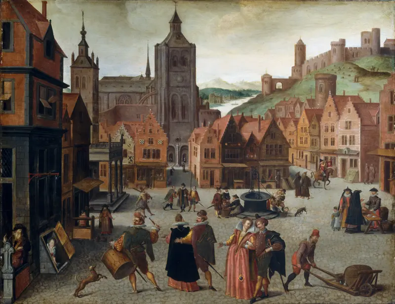 The Marketplace in Bergen op Zoom, oil on panel by Abel Grimmer, depicting vendors and goods.