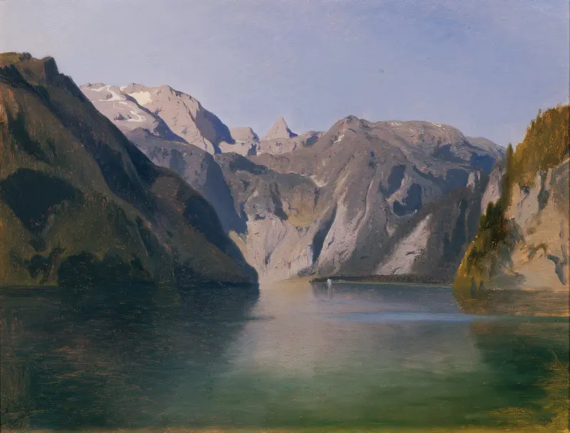 Tranquil landscape with lake and mountains, oil painting by August Schaeffer von Wienwald