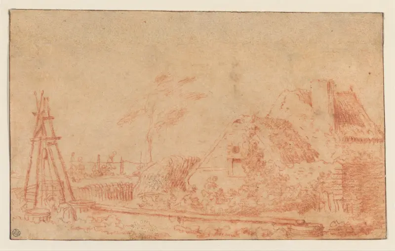 A serene landscape featuring a cottage and well.
