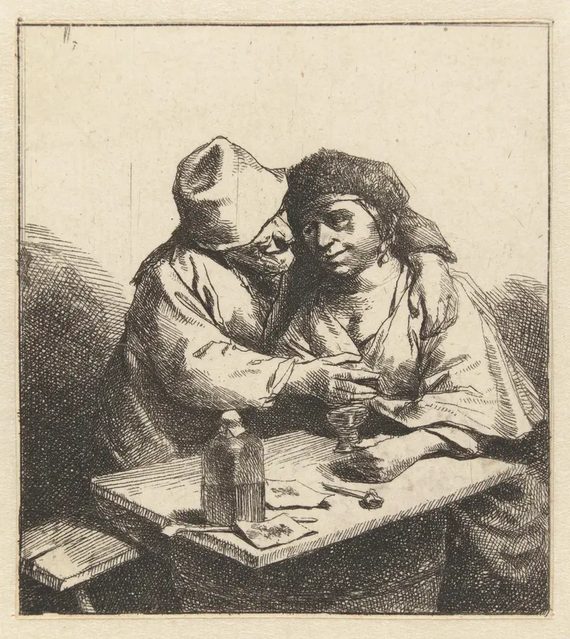 Liefdespaar etching by Cornelis Pietersz. Bega depicting a couple in an intimate embrace.