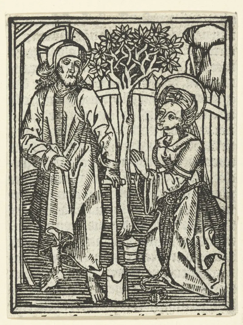 Noli me tangere, paper artwork by Meester van de Delbecq-Schreiber-Passie depicting Christ in soft blue and white hues.