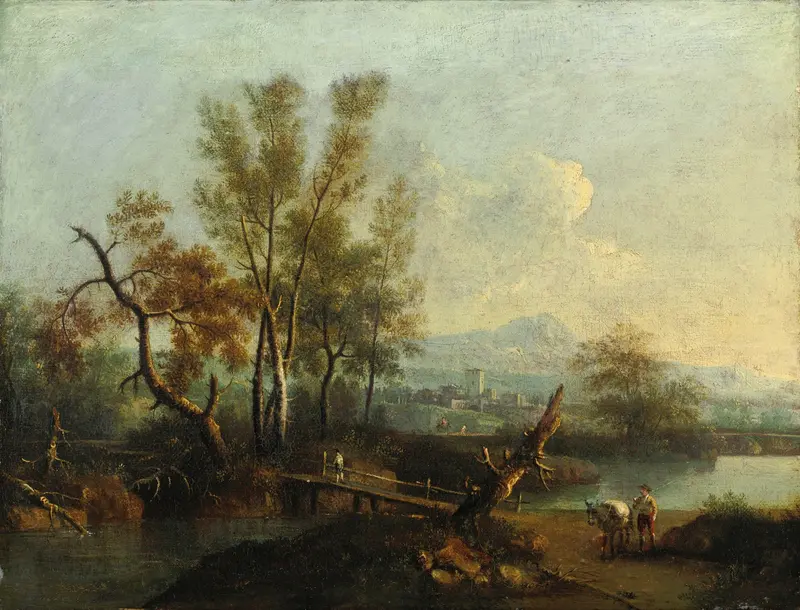 River landscape with figures by Giovanni Battista Cimaroli, oil on canvas