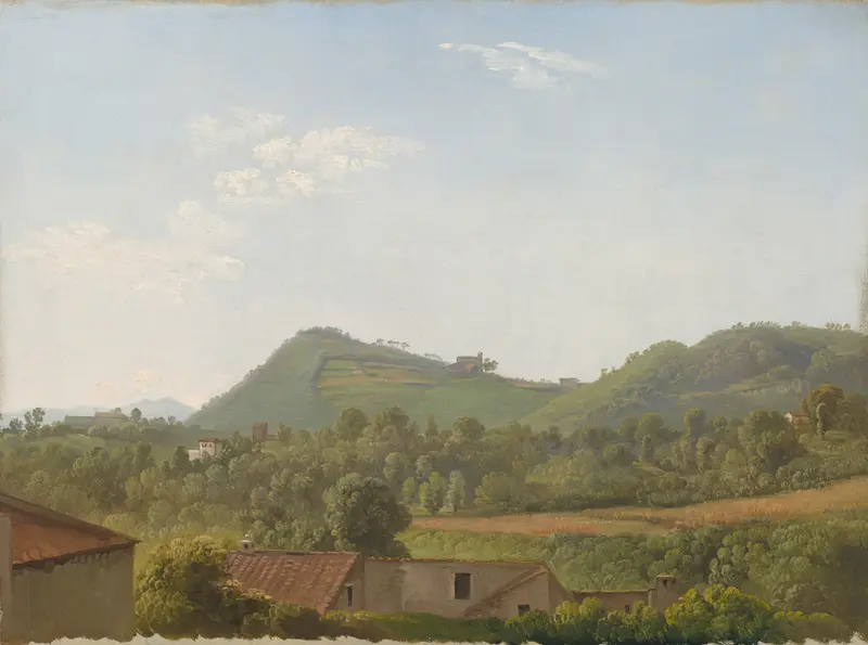 Landscape view near Naples by Simon Denis, oil painting featuring hills and azure sky.