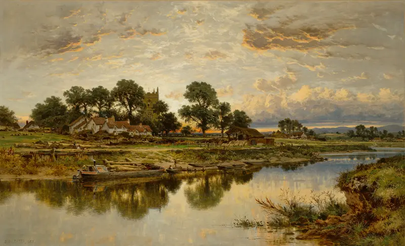 Kempsey Church on the River Severn by Benjamin Williams Leader, oil on canvas depicting a river and church under golden light