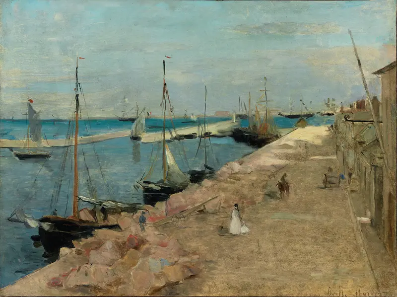 The Harbor at Cherbourg by Berthe Morisot, oil on canvas depicting a tranquil harbor with boats