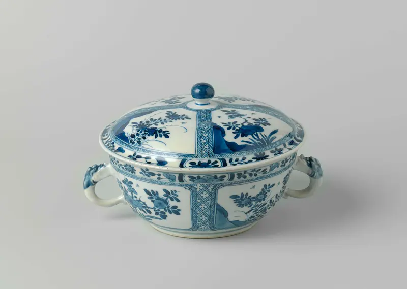 Covered bowl with flowering plants, ceramics, unknown artist