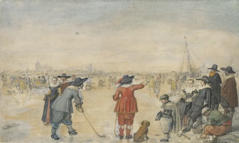 Winter Games on the Frozen River Ijssel, oil painting by Hendrick Avercamp depicting skaters on ice