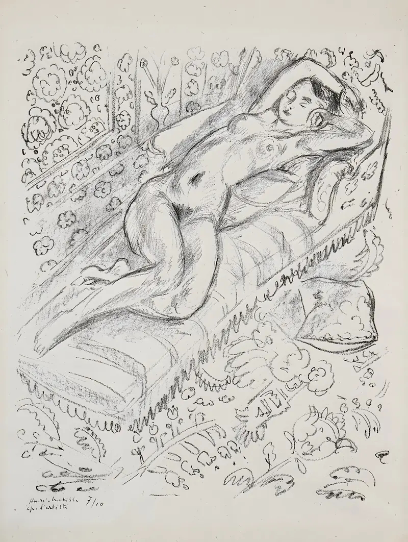 Henri Matisse's 'Nu sur chaise de repos sur fond moucharabieh' features a reclining nude against a patterned background.