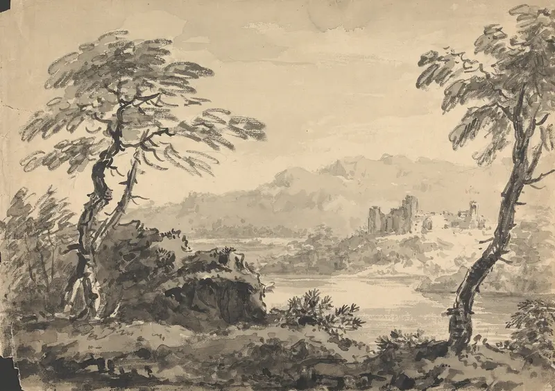 Landscape with Two Trees and Castle by William Gilpin, oil painting depicting trees and a castle.