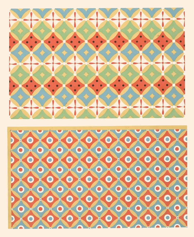 Fresco by Gustave Jéquier featuring colorful patterns and ancient motifs on a ceiling.