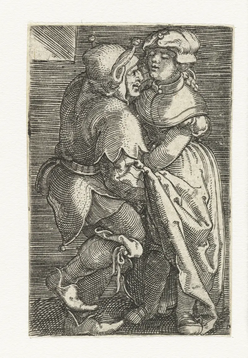 Engraving by Barthel Beham depicting a girl with light reflecting on her skirt