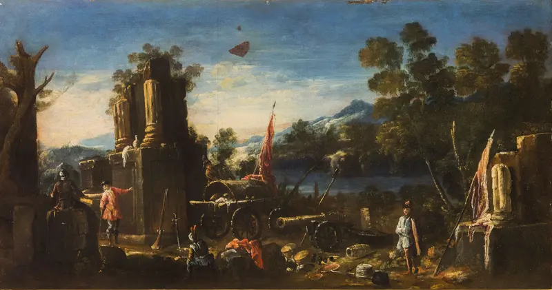 Soldiers resting among ancient ruins, with idle cannons and scattered equipment under a wide blue sky.
