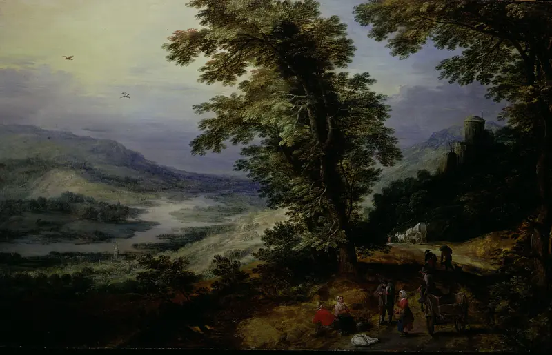 Mountain Road with Travelers, oil painting by Joos de Momper, depicting a rugged path through trees.