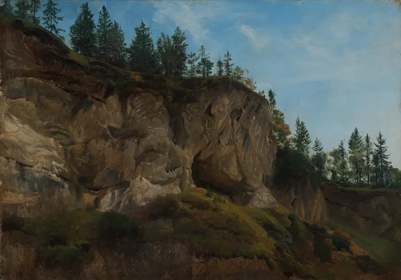 Oil on canvas landscape by Johann Wilhelm Schirmer depicting Swiss mountains and cliffs.