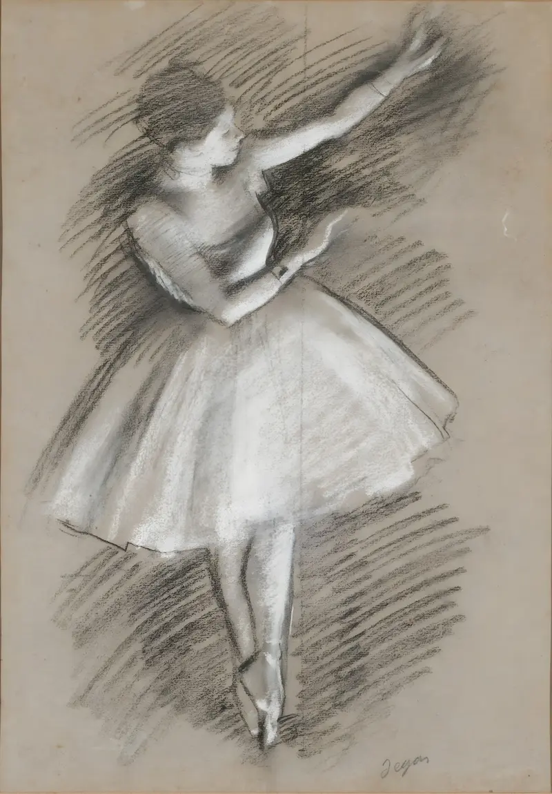 A dancer in white costume captured mid-pose in a rehearsal room.