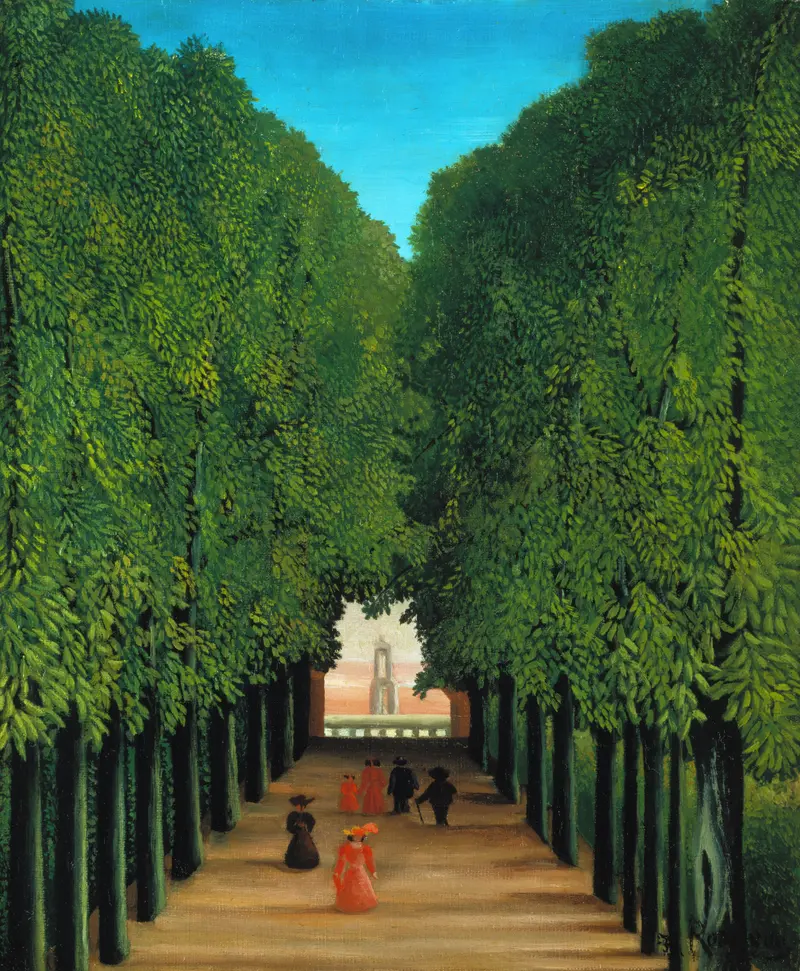 The Avenue in Saint-Cloud Park by Henri Rousseau, oil painting depicting a lush park with trees and sunlight.