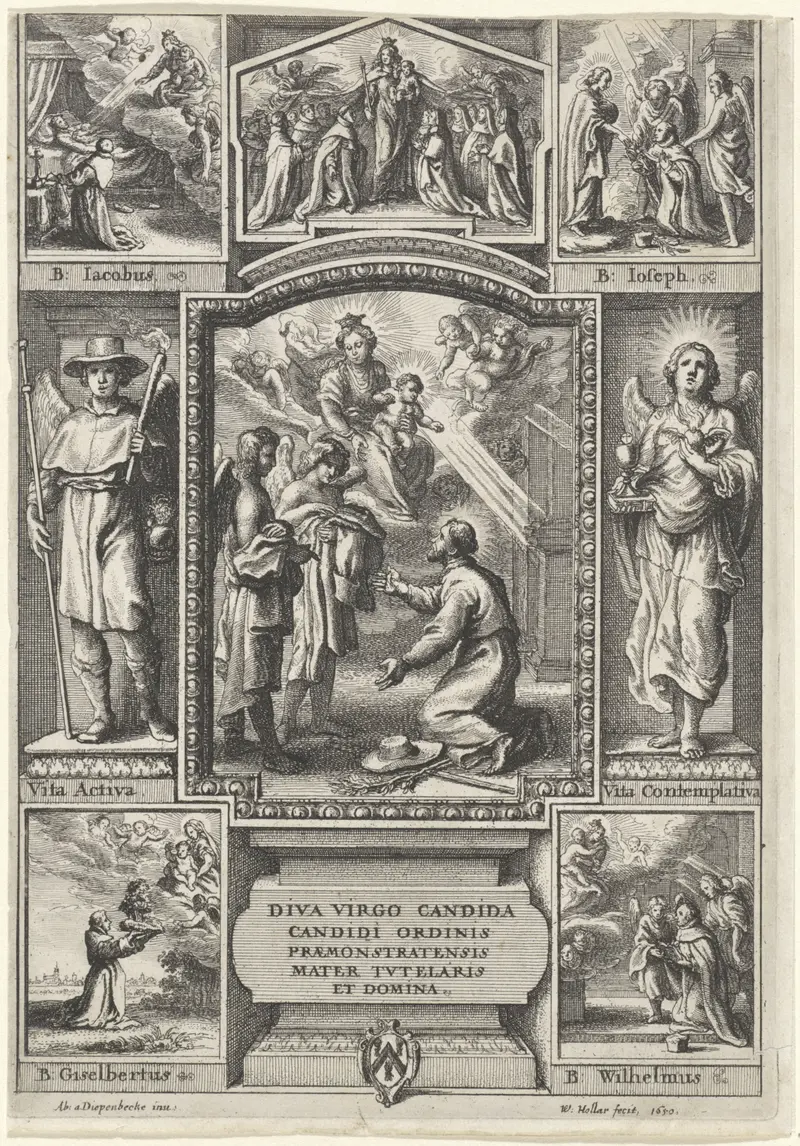 Etching by Wenceslaus Hollar depicting figures illuminated by golden light