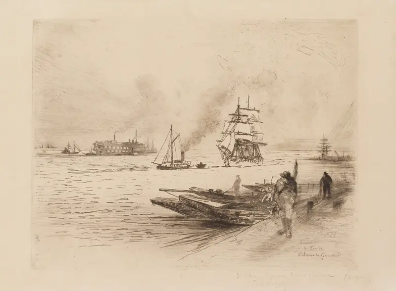 Etching by Félix Hilaire Buhot depicting a serene river landscape at twilight.