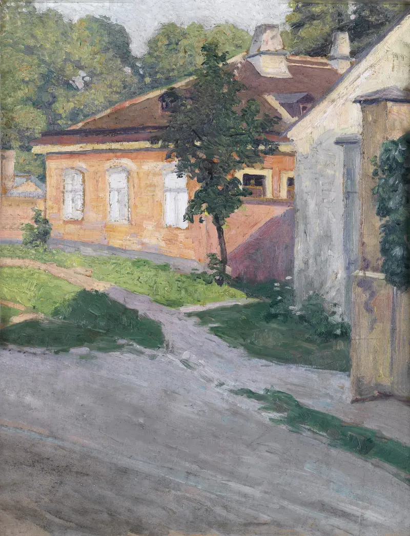 Haus In Hütteldorf by Egon Schiele, oil on canvas depicting a house in a tranquil landscape.