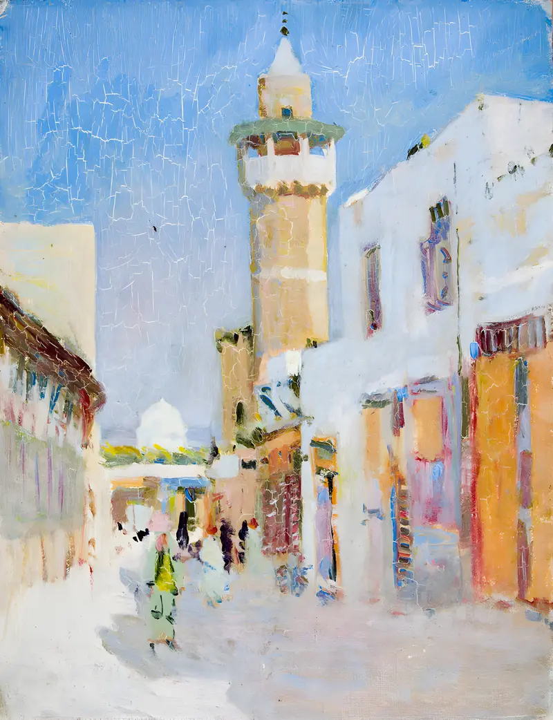 Tunis Street Scene by Denman Waldo Ross, oil on canvas depicting a vibrant marketplace with sunlight.