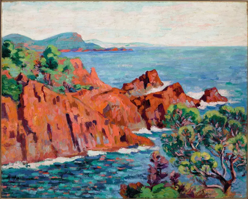 Les roches rouges à Agay by Armand Guillaumin, oil painting depicting a rugged coastline.