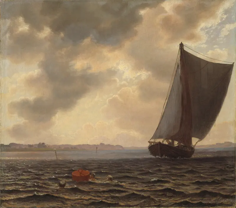 Sailing Boats in Guldborg Sound by Vilhelm Kyhn, oil painting depicting boats on water.